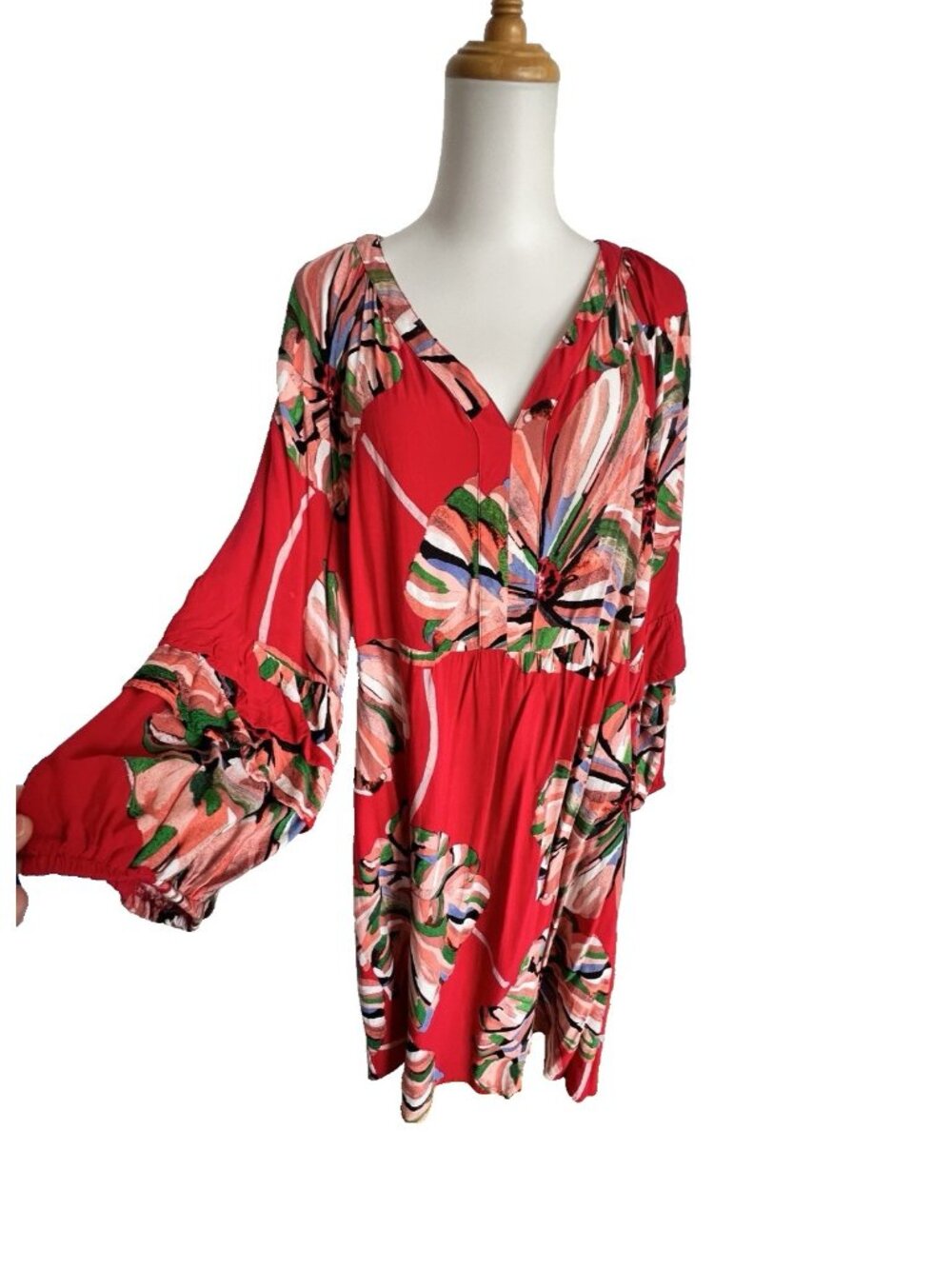 FIG & FLOWER Women's XL Dress Red Floral Boho Babydoll Peasant Puff Sleeve Cute